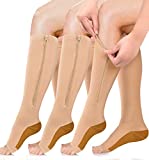 Copper Zipper Compression Socks 3 Pairs - Open-Toe Toeless Knee High Compression Socks for Women and Men(L/XL)