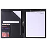 Padfolio/Portfolio Folder,Resume/Interview Document Organizer & Business Card Holder-with Calculator Slot/Letter/A4 Size Writing Pad Holder,Faux Leather Office Conference Notepad Clip Boards, Black
