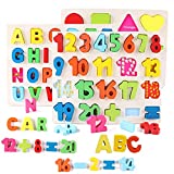 SkGoodCow Preschool Alphabet Number Shape Learning Puzzles for Toddlers 3 in 1 Wooden Peg Puzzle Set ABC Numbers Shapes Toy Early Education Letters Teaching Board