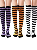 3 Pairs Long Striped Socks Knee High Stocking for Halloween Cosplay Party Costumes (Orange Black, Purple Black, Black White)