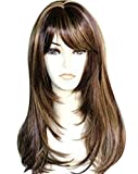 Kalyss Brown with Highlights Yaki Synthetic Women's Wig With Hair Bangs Centre Parting Long Straight Layered Heat Resistant Synthetic Hair Wig for Women (brown with highlights color)