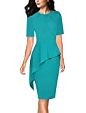 VFSHOW Womens Light Green Pleated Crew Neck Asymmetrical Big Peplum Work Business Office Bodycon Pencil Sheath Dress 9307 GRN XL