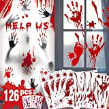 Halloween Decorations 126 PCS Halloween Window Clings, 8 Sheets Bloody Handprint Footprint Halloween Wall Decal Floor Clings with Tattoo Stickers, Scary Halloween Decoration Window Stickers