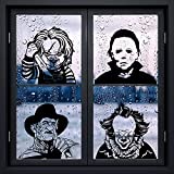 4PcsHalloweenWindowStickersHorrorMovieCharacterWindowDecals,ClassicBlackStickersClownKillerElectrostaticStickersforHalloweenPartyCarRoomWindowShowcaseWindowClingDecoration