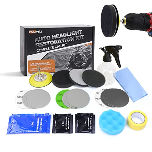 POLIWELL Headlight Restoration Kit 3 Easy Steps to Restore Sun Damaged Headlights Polish Headlights Lens Restore Cleaner DIY Polishing, Sanding Discs, Scouring Pads for Electric Drill, Total 24Pack