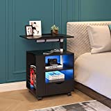 HNEBC Auto LED Nightstand with 2 USB Charging Station,Premium Black Nightstand Has Adjustable Rotary Table, Bedside Tables with One Drawer and 2 Mezzanines/Infrared Induction 3 Color Lighting(Black)