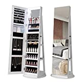 HNEBC LED Light Jewelry Organizer Mirror 360 Rotating,Jewelry Armoire with Door Mirror, Full Length Mirror Jewelry Cabinet, Mirror with Jewelry Storage, Large Jewelry Boxes & OrganizersA_White