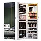 HNEBC 47.2''H Jewelry Organizer Wall Mounted with 3 Colors LED, Jewelry Cabinet Armoire with Door Mirror, Door Hanging Full Length Mirror with Storage, Built-in Vanity Mirror&Large Capacity (White)