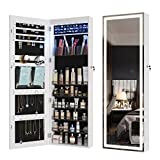 HNEBC Hanging Jewelry Organizer with LED Lights, Lockable Full Length Mirror Jewelry Cabinet, Jewelry Armoire with Mirror, Wall/Door Mounted Jewelry Cabinet Armoire