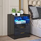 HNEBC Auto LED Nightstand with 2 USB Charging Ports, High Gloss Black Nightstand Side Table with 2 Drawers,Bedside Table has Infrared Induction/3 Color LED Lighting/Adustable Brightness(Black)