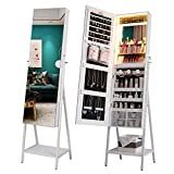 HNEBC Jewelry Cabinet Armoire with Lights,Lockable Jewelry Organizer Standing 47.2''Full-Length MirrorJewelry Boxes for Women Mirror with Jewelry Storage,Built-in LED Makeup Mirror/Drawer(white)