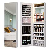 HNEBC Jewelry Organizer with 3 Colors LED Light, Jewelry Armoire with Lockable, Jewelry Cabinet with 47.2''H Full-Length Mirror,Over The Door Mirror Jewelry Armoire Built-in Small Vanity Mirror(White)