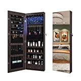 HNEBC Wall Mounted Jewelry Organizer with 6 LED Lights, Jewelry Armoire with Mirror, Full Length Mirror Jewelry Cabinet, Mirror with Jewelry Storage, Wall Mounted/Door Mounted/Jewelry Armoires (brown)