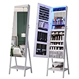 HNEBC Jewelry Organizer with 3 Colors LED Light,Jewelry Stand Armoire with Lockable,Jewelry Cabinet with 47.2''H Full-Length Mirror,Jewelry Armoire Built-in Small Vanity Mirror(White)