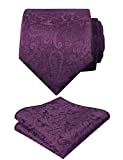 Men's Paisley Floral Tie Handkerchief Wedding Woven Necktie Set, Plum Purple