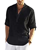 COOFANDY Men's Cotton Linen Henley Shirt Long Sleeve Hippie Casual Beach T Shirts Black