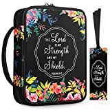 Floral Bible Cover w/A Bookmark, FINPAC Carrying Book Case Church Bag Bible Protective with Handle and Zippered Back Pocket, Perfect Gift for Girls Women Mother Kids (Black)