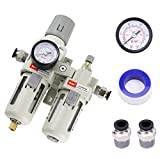 RIH Pneumatics 3/8" NPT Compressed Air Filter Regulator Lubricator Combo Water/Oil Trap Separator - Gauge(0-150 psi), Semi-Auto Drain, Poly Bowl,Bracket - 3 in 1 Two Unit (3/8" NPT)