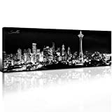 Black and White Wall Decor Seattle Skyline Wall Art Washington Space Needle Wall Picture Paintings for Bedroom Office Modern City Night Panoramic Canvas Posters for Living Room Home Decorations 14x48"