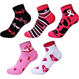 SATINIOR 5 Pairs Breast Cancer Awareness Socks Pink Ribbon Ankle Socks Inspirational Novelty Short Crew Socks Soft Printed Athletic Socks for Women Fabric, Polyester and Spandex