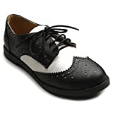 Ollio Women's Flat Shoe Wingtip Lace Up Two Tone Oxford M2913(8 B(M) US, Black)