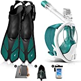 Odoland 5-in-1 Snorkeling Packages, Full Face Snorkel Mask with Adjustable Swim Fins, Lightweight Backpack and Waterproof Case, Anti-Fog Anti-Leak Snorkeling Masks Gear for Men Women, Olive Green L