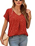 QUEZHU Womens Summer V Neck Short Sleeve Blouses Business Casual Chiffon Blouses Tops Flowy Work Shirts,Flower Wine Red,Small