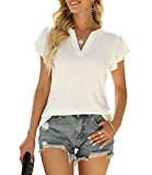 Womens Tops V Neck Summer Ruffle Sleeve Casual T Shirts White Short Sleeve Tunic Work Blouse