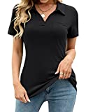 AKEWEI Black Collared Shirts Women Short Sleeve V Neck Work Blouses Cute Dressy Business Casual Polo Shirts Black XXL