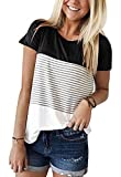 YunJey short sleeve round neck triple color block stripe T-shirt casual blouse,Black,Large