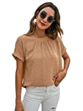 Romwe Women's Casual Swiss Dot Short Sleeve Work Blouse Top Shirt Khaki L