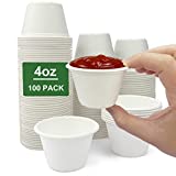 CAMKYDE 4 oz Disposable Bagasse Fiber Souffle Cups 100pk, 100% Natural Biodegradable Compostable Condiment Cups Sample Cups Tasting Cups (White, Pack of 100)