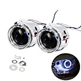 YUFANYA 2.5 Inch H1 Headlight 8.1 Ver Bixenon Projector Lens Hi/Lo Beam With White CREE LED Angel Eyes,Halo Rings DRL Function,Chrome Shrouds Mask, Fit H1 H4 H7 Car Motorcycle Headlight Retrofit