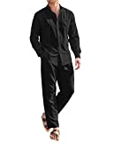 COOFANDY Men Linen Sets Outfits 2 Piece Button Up Shirt Men Long Sleeve And Relaxed Fit Cotton Pleated Front Pant (Black L)