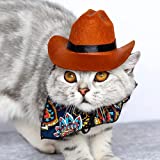 KUDES 2 PiecesFunny Pet CostumeAccessories Set, Cat Small Dog Cowboy Hat with Adjustable Elastic Chin Strap and Bandana for Birthday Christmas Halloween Holiday Party Cosplay and Daily Wearing