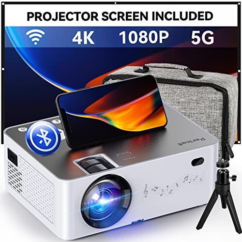 Projector, Projector with WiFi and Bluetooth , 5G Native 1080P/12000L Video Projector with Screen, 4K Support Outdoor Projector, 350'' Movie Projector with Carry Bag for iPhone,TV Stick, Mac