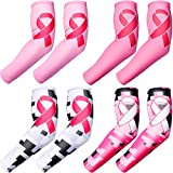 Geyoga 4 Pairs Breast Cancer Awareness Sleeves Pink Ribbon Arm Sleeves Cooling Compression Sleeves UV Protection Arm Cover (Stylish Colors)