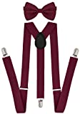 trilece Burgundy Suspenders and Bow Tie Set For Men - Adjustable Size Elastic 1 inch Wide Y Shape - Womens Suspender with Pretied Bowtie Set - Strong Clips (Burgundy, 1)