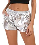 Women's Metallic Shorts Sparkly Hot Outfit Shiny Rave Short Pants with Elastic Drawstring Silver M