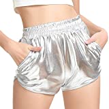 MAKARTHY Women's Metallic Shorts Elastic Waist Shiny Sparkly Rave Pants (Medium, Silver)