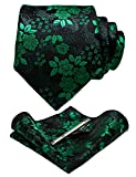 JEMYGINS Silk Green Floral Necktie and Pocket Square, Hankerchief and Tie Bar Clip Sets for Men (5)