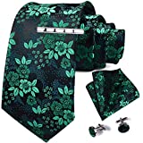GUSLESON Green Floral Ties for Men Fashion Silk Tie Cyan Necktie Clip and Pocket Square Cufflinks Sets (6102-22)