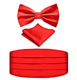 Alizeal Mens Prom Bow Tie, Handkerchief and Cummerbund Set (Solid Red)