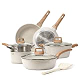 CAROTE Pots and Pans Set Nonstick, White Granite Induction Kitchen Cookware Sets, 10 Pcs Non Stick Cooking Set w/Frying Pans & Saucepans(PFOS, PFOA Free)