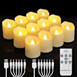 Rechargeable Flameless Votive Candles with Timer & Remote, 12pcs Flickering LED Tea Lights Candles with 2 USB Charging Cables, Warm White Light Electric Fake Candle for Home, Christmas Festival Decor