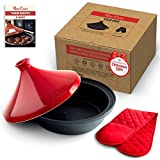 Uno Casa Cast Iron Tagine Pot Moroccan for Cooking - 3.65 Quart Tajine Pot Moroccan with Enameled Cast Iron Base and Ceramic Lid, Finest Cookware - Tangine Pot Red Double Oven Mitts Included