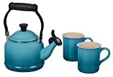 Le Creuset Enamel On Steel Demi Kettle & Stoneware Set of 2 Mugs, 1.25 qt. Kettle & (2) 14 oz. Mugs, Caribbean