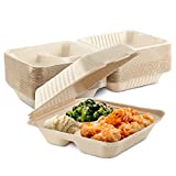 Clamshell Take Out Food Containers 8 x 8 (50 Pack) 3-Compartment, Disposable To Go Container, Togo Boxes With Lids, Trays for Lunch, Dinner, Meal-Prep, Eco Friendly, Compostable, Biodegradable