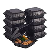 8X8" 3-Compartment 50-Pack Plastic Clamshell Takeout Food Trays Heavy Duty Togo Disposable Box For Pasta Salad Sandwich Carryout Meal Prep Packaging Catering Hinged Containers With Secure Snap Lid
