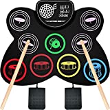 Electric Drum Set, MAZAHEI 9 Pads Silicon Foldable Electronic Practice Drum with Headphone Jack, Build in Speaker and Battery, Foot Pedals, Drum Sticks, Ideal Christmas Birthday Holiday Gifts